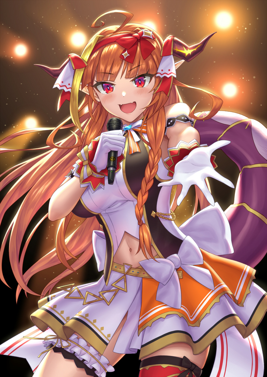 1girl, ahoge, arm_garter, bangs, bare_arms, bare_shoulders, blonde_hair, blunt_bangs