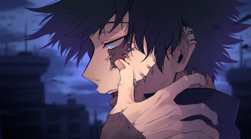 1boy, abiko_yuuji, bangs, black_hair, blood, blue_eyes, blurry, blurry_background