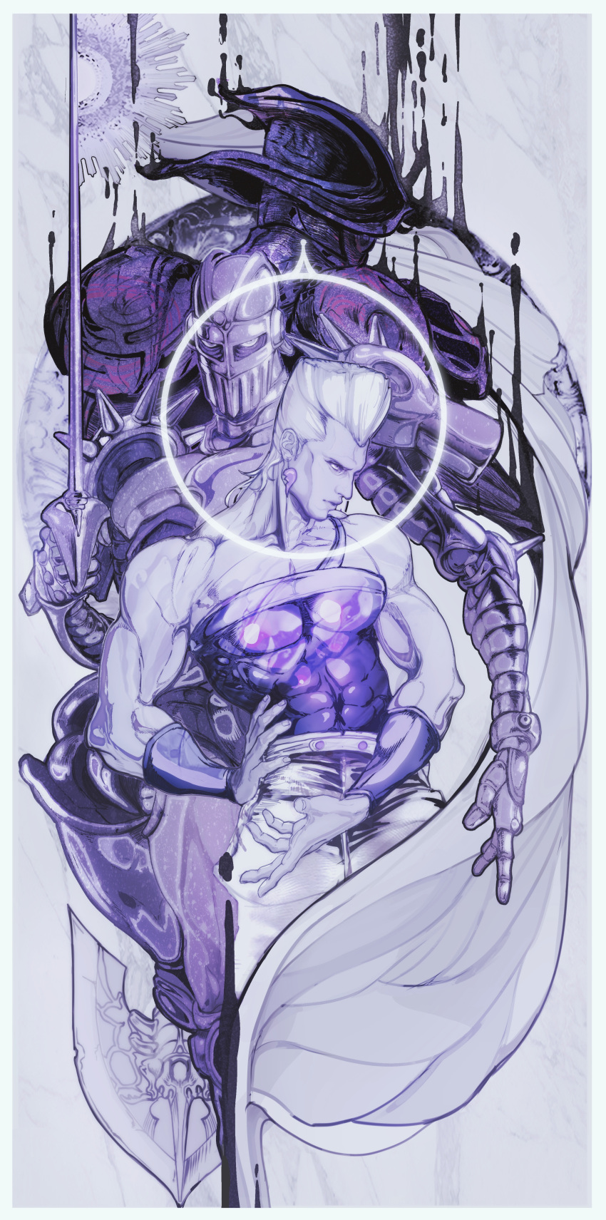 1boy, 2others, absurdres, armor, arrow_(jojo), arrow_(projectile), aura, bare_shoulders, border, bracer, broken_heart, chariot_requiem, chinese_commentary, circle, closed_mouth, commentary_request, covered_abs, dark_aura, earrings, facing_away, fingernails, flattop, ginsky2000, highres, holding, holding_sword, holding_weapon, jean_pierre_polnareff, jewelry, jojo_no_kimyou_na_bouken, looking_at_viewer, looking_away, looking_to_the_side, male_focus, monochrome, multiple_others, muscular, muscular_male, pants, pectorals, purple_theme, rapier, shiny, silver_chariot, single_strap, sleeveless, spikes, stand_(jojo), sword, symbol_commentary, weapon, white_border