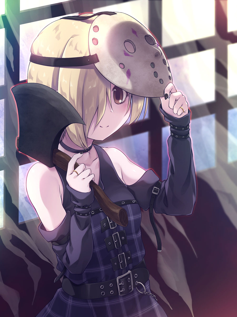 1girl, axe, bangs, bare_shoulders, belt, belt_buckle, black_belt, black_choker