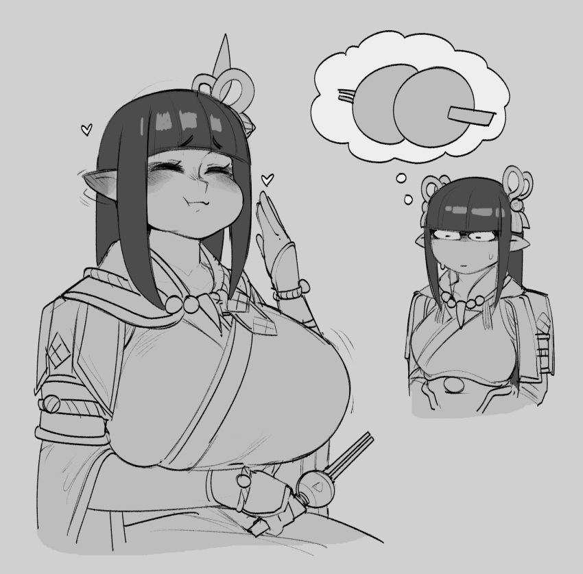 2girls, bangs, blunt_bangs, breasts, closed_eyes, dango, eating, english_commentary