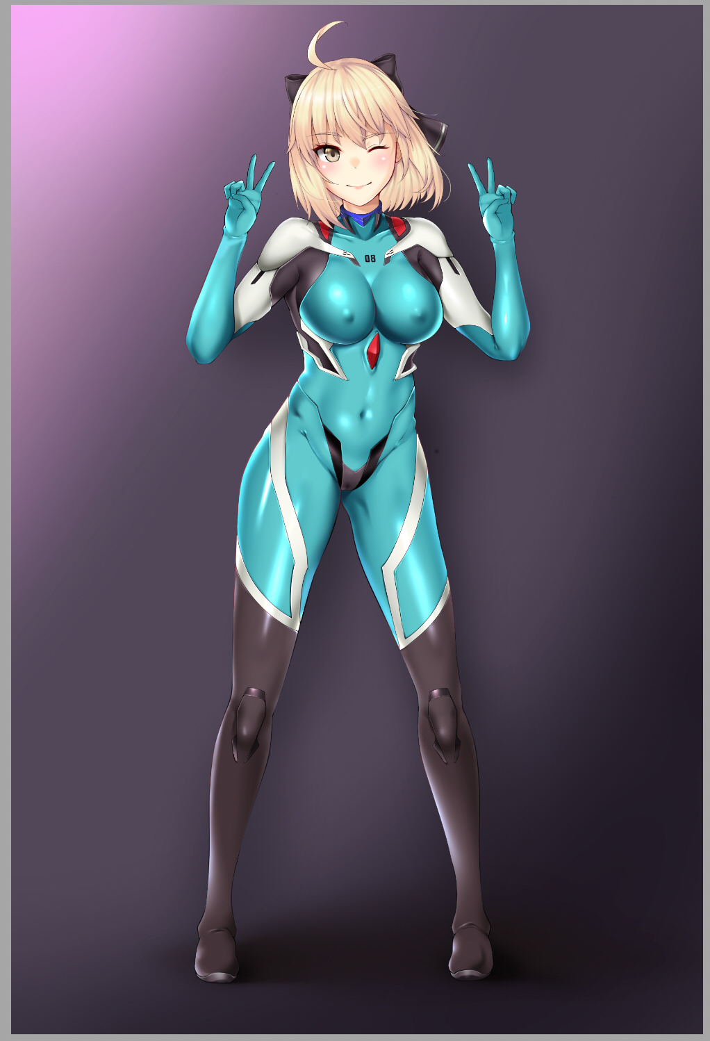 1girl, ahoge, black_bow, blonde_hair, bodysuit, bow, breasts, covered_navel