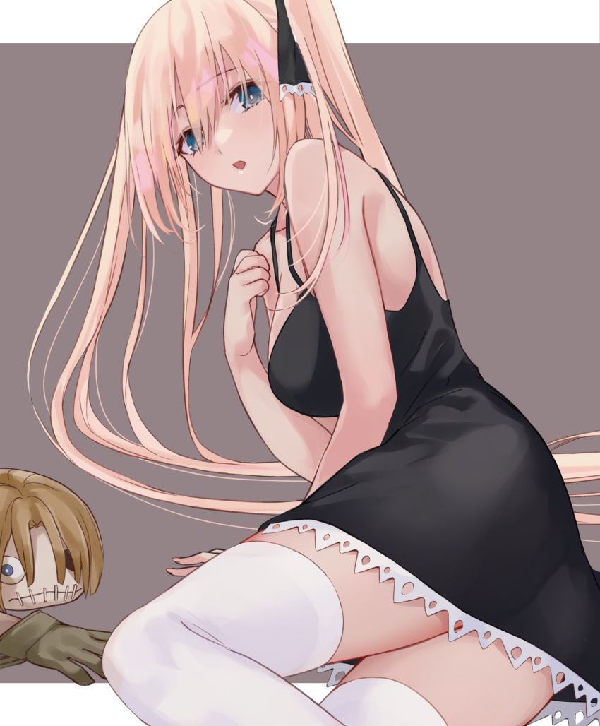1girl, arm_support, bangs, bare_shoulders, black_dress, blonde_hair, blue_eyes, breasts, doll, dress, hand_on_own_chest, highres, long_hair, looking_at_viewer, looking_to_the_side, marion_phauna, mexifime, open_mouth, outside_border, shaman_king, simple_background, sitting, solo, spaghetti_strap, stitched_mouth, stitches, thigh-highs, thighs, very_long_hair, white_legwear, zettai_ryouiki