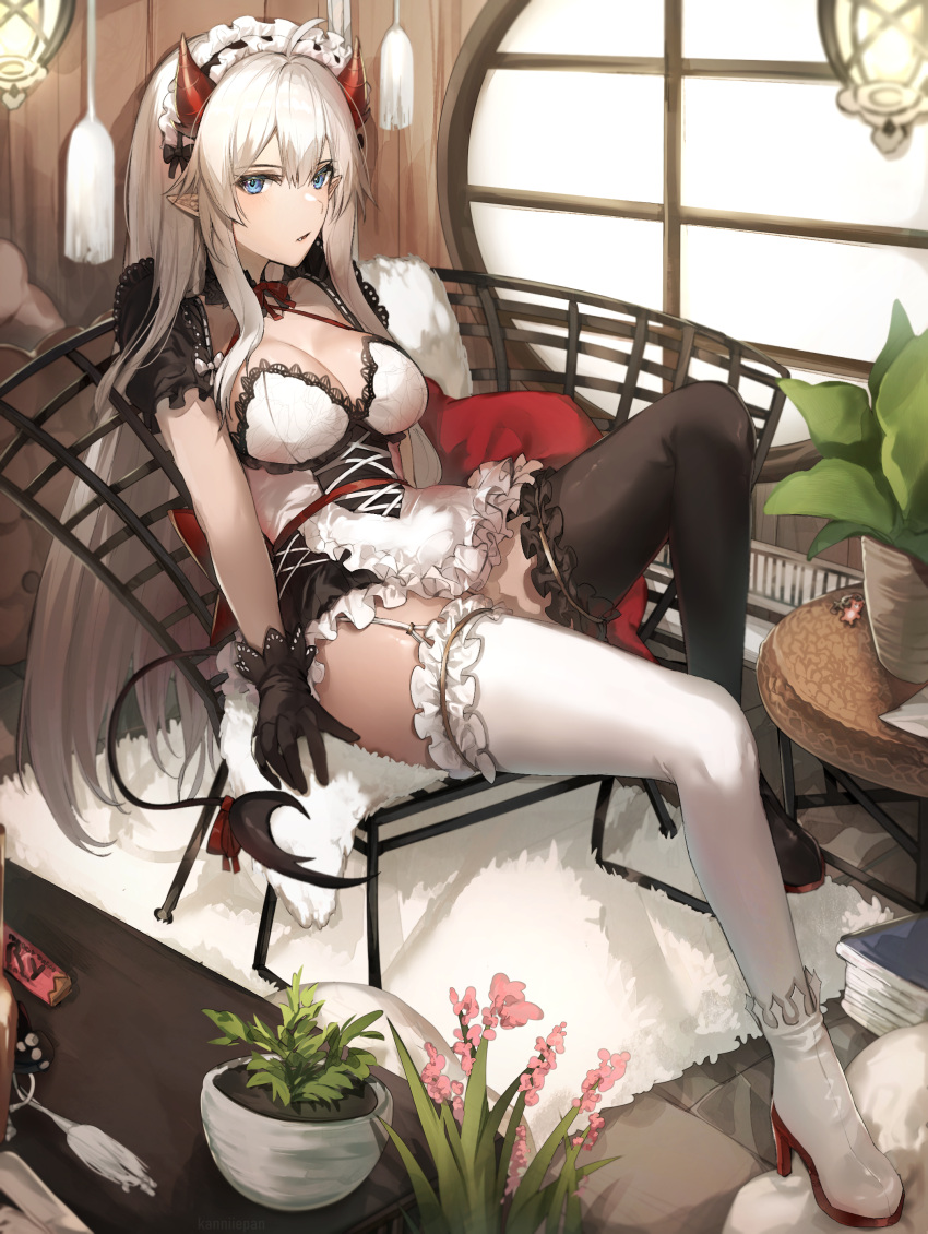 1girl, absurdres, apron, black_footwear, black_gloves, black_legwear, blue_eyes, book