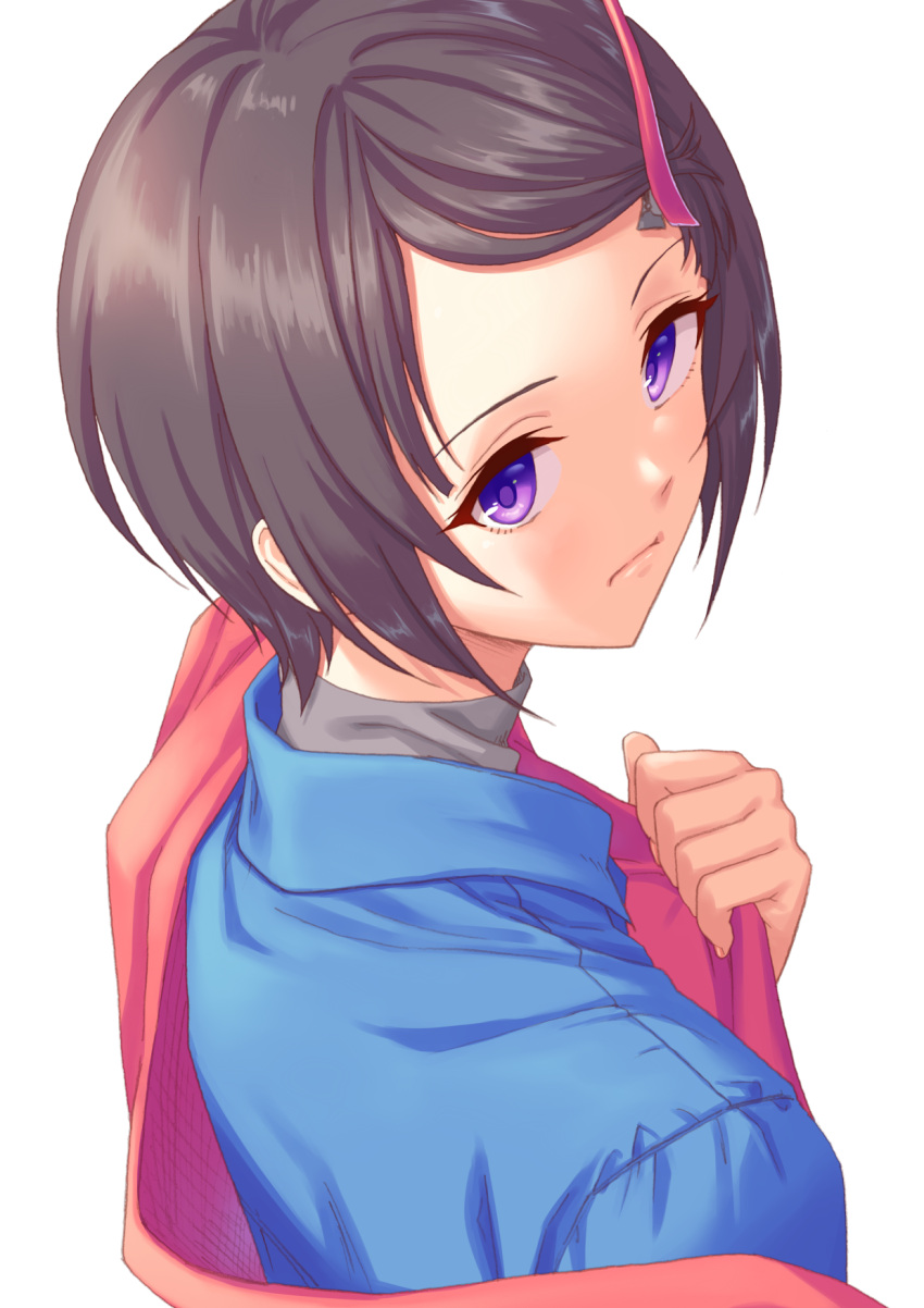 bangs, black_hair, blue_shirt, bvj, closed_mouth, expressionless, eyelashes, forehead