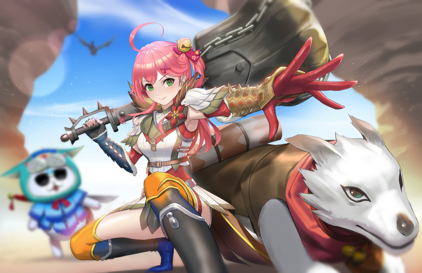 35p_(sakura_miko), absurdres, ahoge, aknosom_(armor), armpits, arzuros_(armor), asymmetrical_gloves, bell