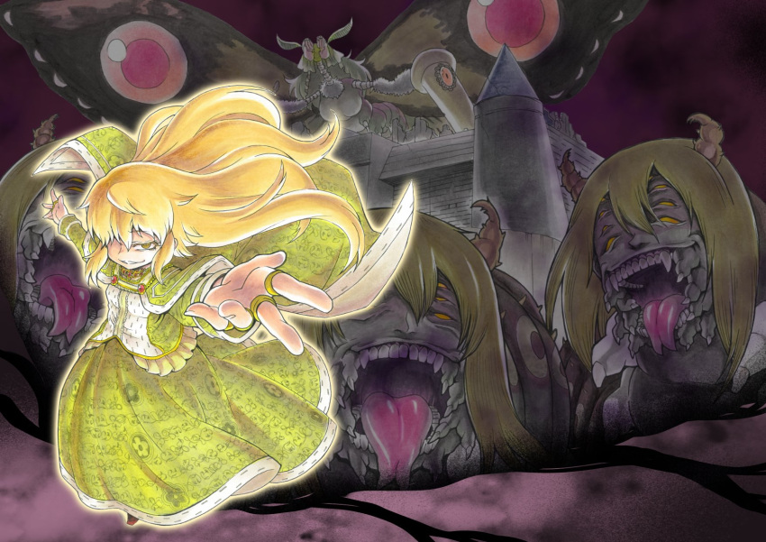 1girl, arthropod_girl, aura, bangs, blonde_hair, breasts, bug, butterfly