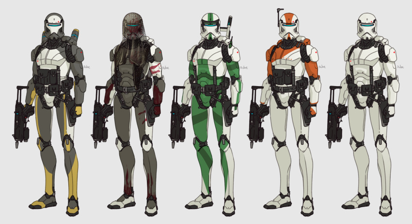 5boys, armor, boss_(star_wars), clenched_hand, clone_trooper, fixer_(star_wars), grey_background, gun, highres, holding, holding_gun, holding_weapon, looking_at_viewer, multiple_boys, radio_antenna, redesign, ruben_menzel, science_fiction, scorch_(star_wars), sev_(star_wars), star_wars, star_wars:_republic_commando, variations, visor, weapon