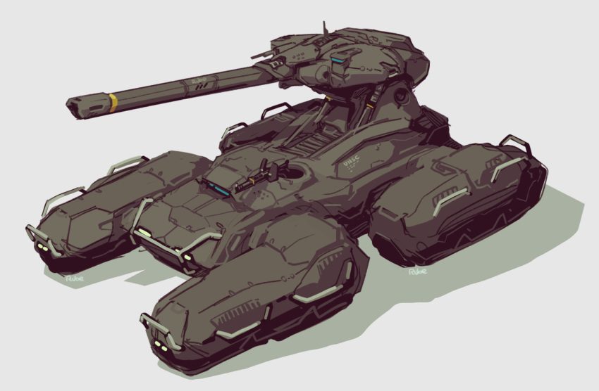 artist_name, english_commentary, from_above, grey_background, ground_vehicle, halo_(game), military, military_vehicle, motor_vehicle, no_humans, redesign, ruben_menzel, science_fiction, scorpion_(halo), shadow, solo, tank, tank_focus, tank_turret, vehicle_focus