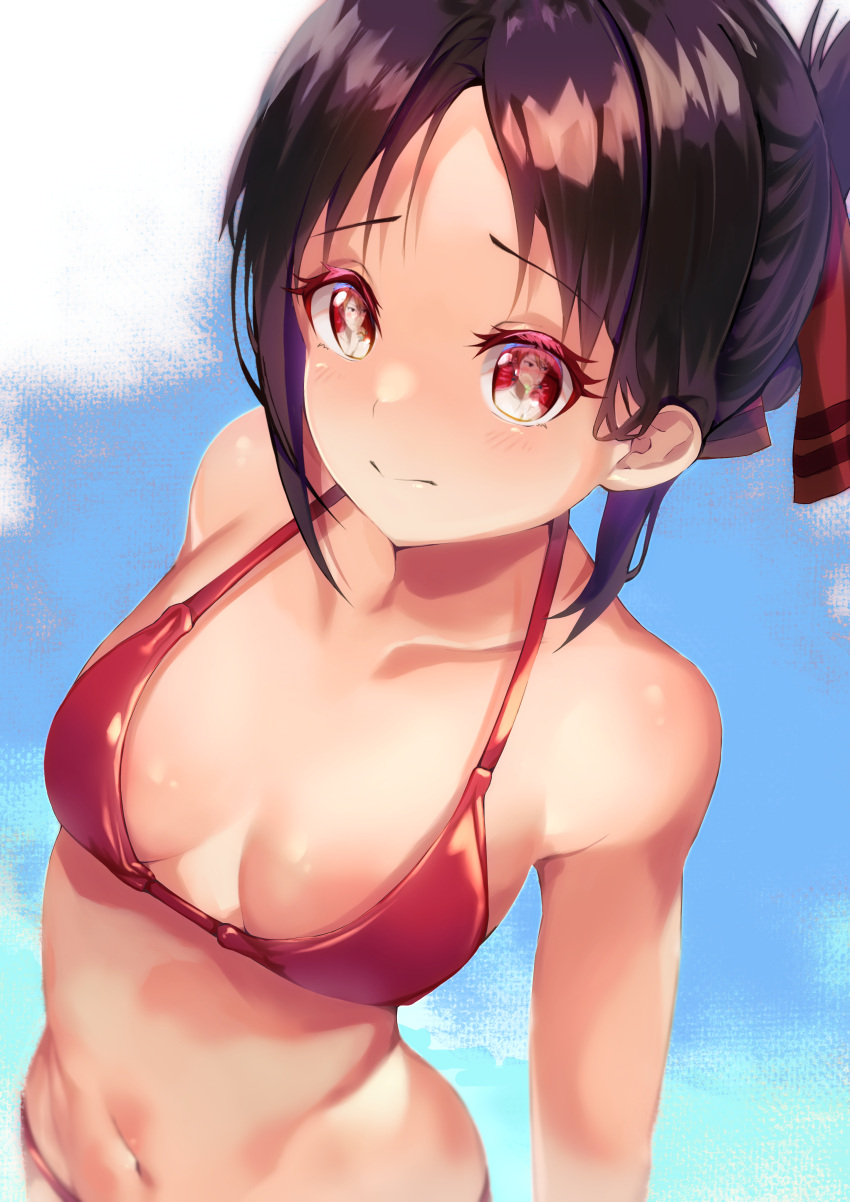 1boy, 1girl, :>, aa_(16rrr16), absurdres, bangs, bikini, black_hair