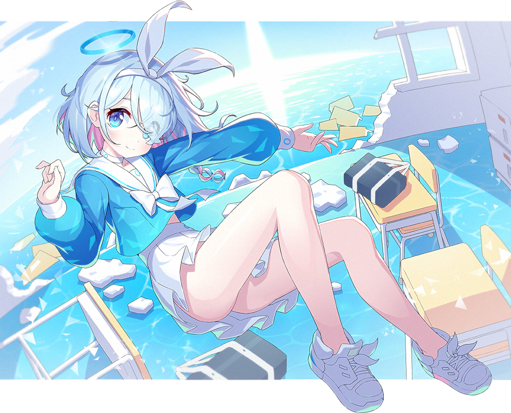 1girl, arona_(blue_archive), bag, bangs, blue_archive, blue_eyes, blue_hair, blue_shirt, blush, bow, chair, closed_mouth, commentary, desk, eyebrows_visible_through_hair, full_body, hair_between_eyes, hair_ribbon, hairband, halo, horizon, liem_(zero854), long_sleeves, looking_at_viewer, multicolored_hair, ocean, pink_hair, pleated_skirt, puffy_long_sleeves, puffy_sleeves, ribbon, sailor_collar, school_bag, school_chair, school_desk, school_uniform, serafuku, shirt, shoes, skirt, smile, solo, two-tone_hair, water, white_bow, white_footwear, white_hairband, white_ribbon, white_sailor_collar, white_skirt