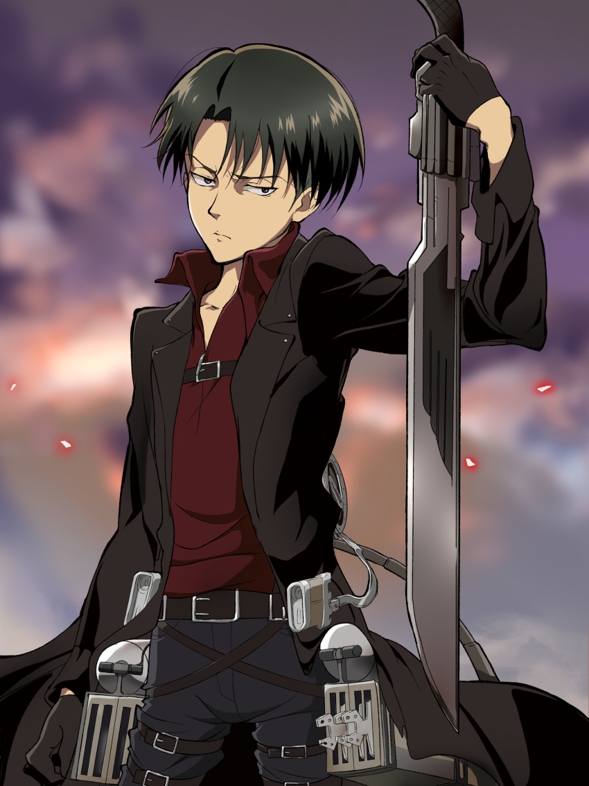 1boy, absurdres, belt, black_coat, black_gloves, black_hair, black_pants, blurry