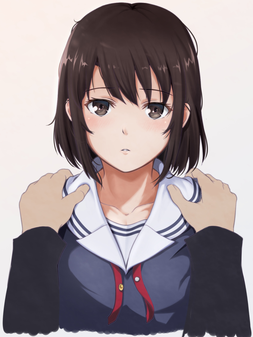 1boy, 1girl, bangs, black_jacket, blue_shirt, bob_cut, brown_eyes, brown_hair