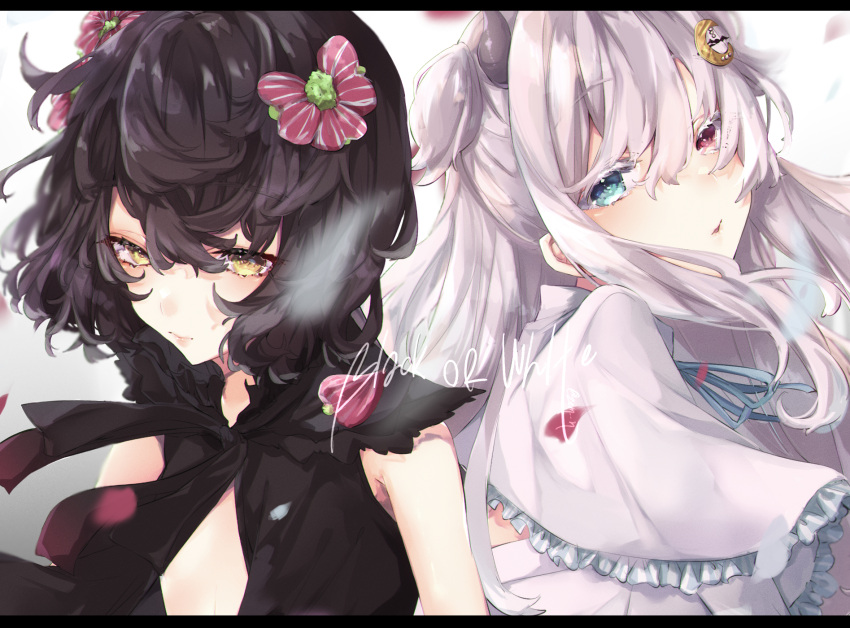 2girls, bangs, black_dress, black_hair, blue_eyes, blue_ribbon, bow, brown_eyes