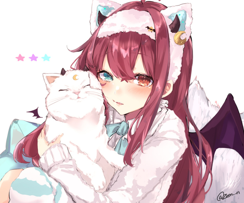 1girl, ahoge, animal, animal_ears, bangs, black_wings, blue_bow, blue_eyes