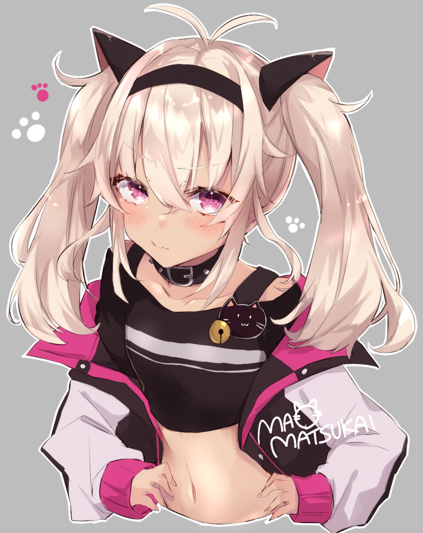 antenna_hair, bangs, bell, black_collar, black_hairband, black_shirt, blush, brown_hair