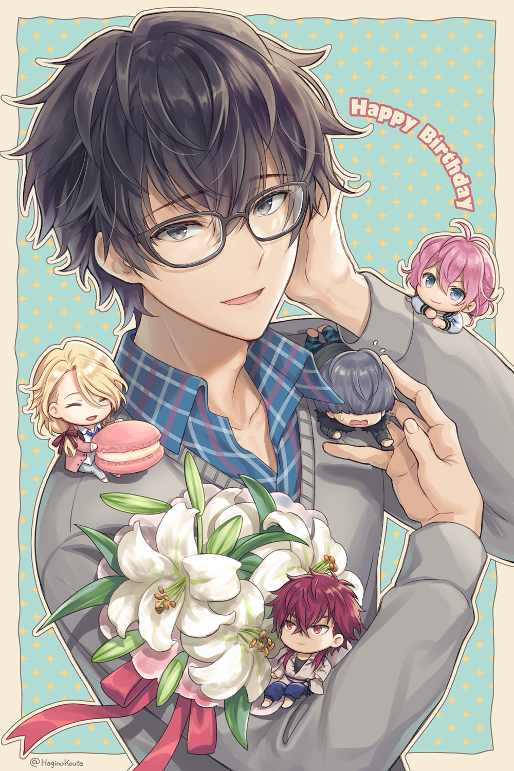 5boys, argonavis_from_bang_dream!, bang_dream!, black_hair, blonde_hair, border, bouquet, chibi, collared_shirt, fantome_iris, felix_louis-claude_mont_d'or, flower, food, glasses, grey_eyes, grey_hair, hagino_kouta, hair_over_eyes, happy_birthday, highres, kurokawa_tomoru, kusunoki_daimon, lily_(flower), macaron, male_focus, mitsurugi_koharu, multiple_boys, pink_hair, plaid, plaid_shirt, polka_dot, polka_dot_background, redhead, shirt, shirt_under_sweater, suzaki_jun, sweater