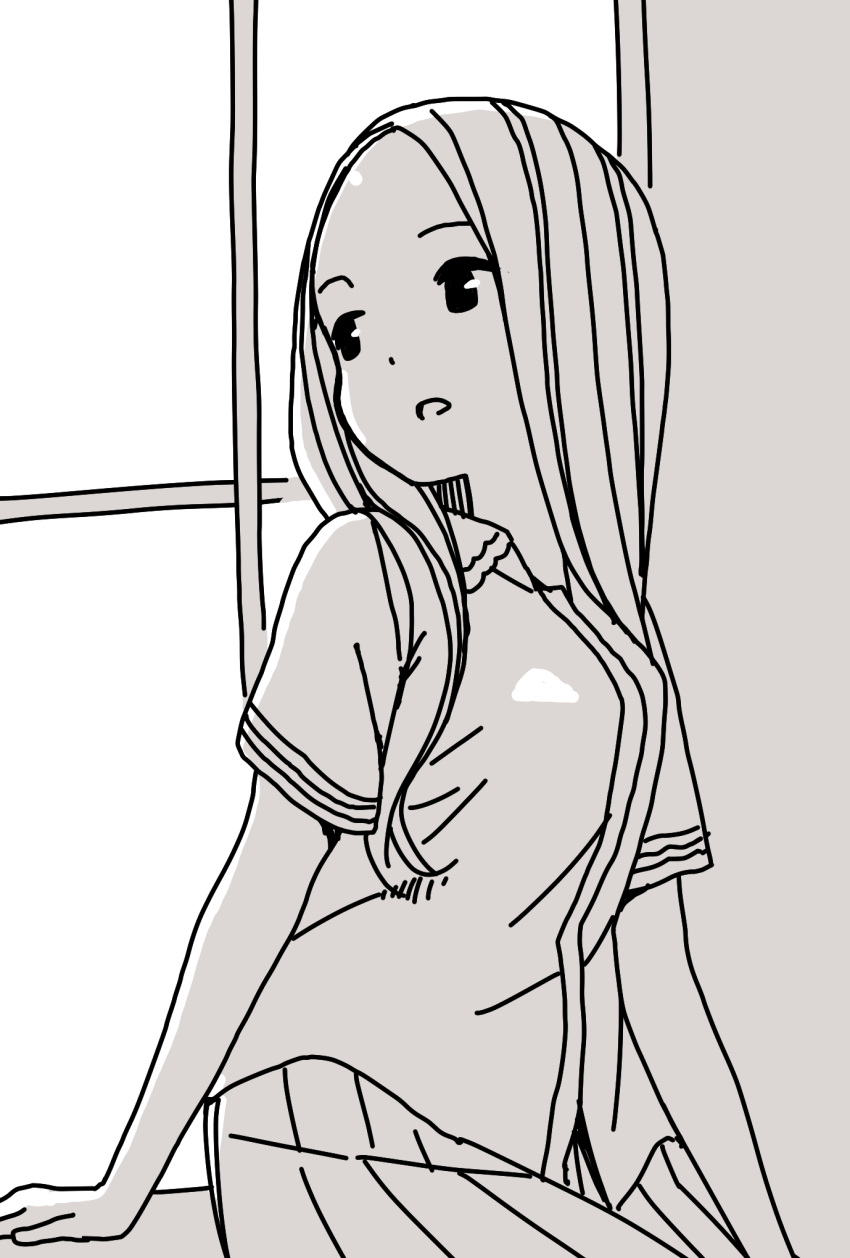 1girl, alternate_hairstyle, breasts, collared_shirt, commentary, forehead, greyscale, hair_down