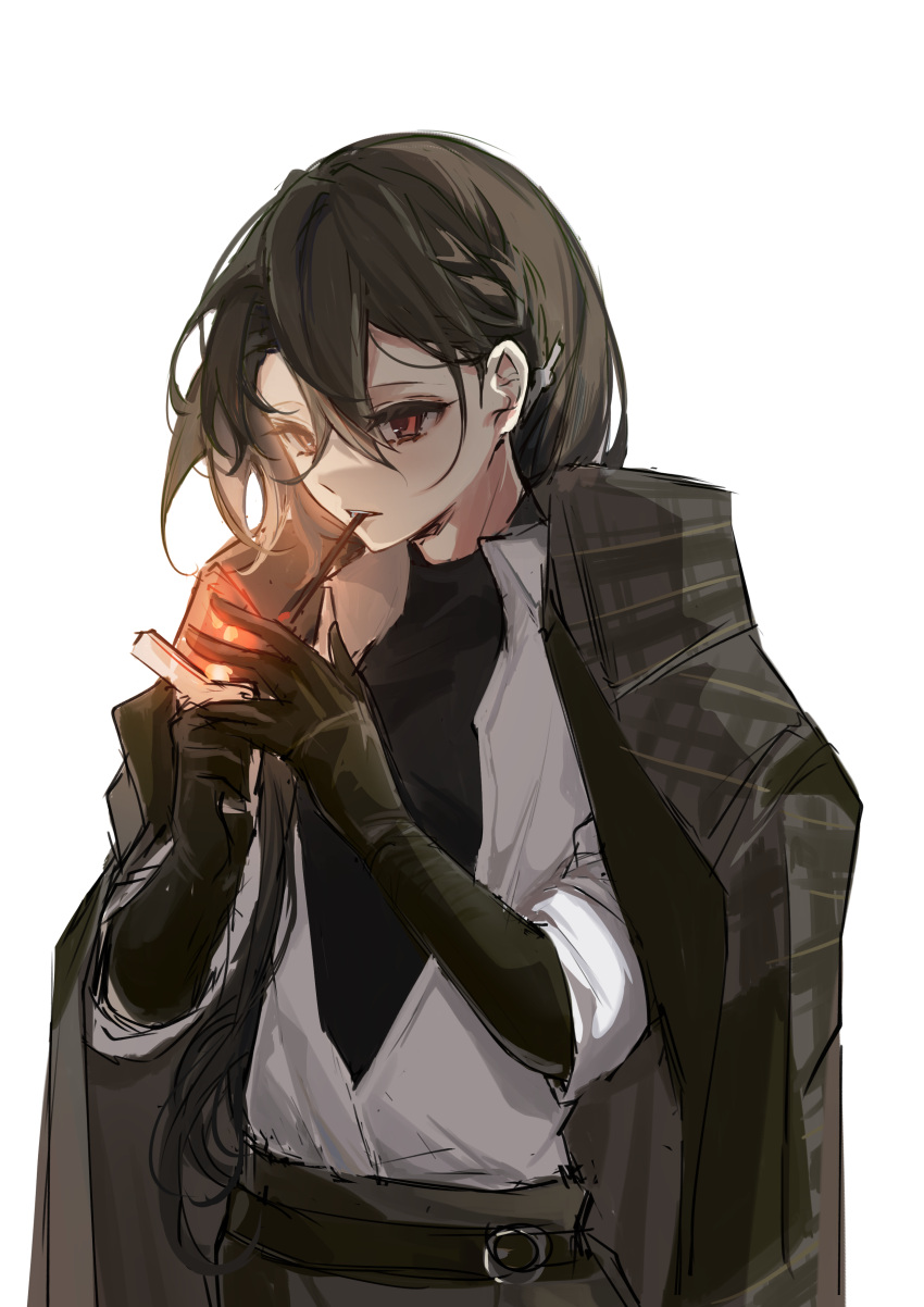 1girl, absurdres, bangs, belt, black_hair, black_shirt, cigarette, coat, coat_on_shoulders, commentary, elbow_gloves, girls_frontline, gloves, hair_between_eyes, hair_ornament, hairclip, highres, lighter, lighting_cigarette, long_hair, m1908_(girls_frontline), mouth_hold, open_clothes, open_shirt, red_eyes, shirt, smoking, solo, syuyu0220, upper_body, white_background, white_shirt