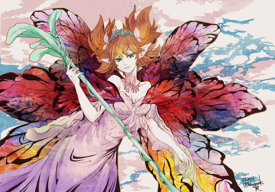 1other, bare_shoulders, butterfly_wings, collarbone, copyright_name, dress, feo_ul, final_fantasy, final_fantasy_xiv, green_eyes, holding, holding_staff, looking_at_viewer, parted_lips, pink_dress, pointy_ears, redhead, ruka_(blueplus84), short_twintails, signature, solo, staff, strap_slip, tiara, titania_(final_fantasy), twintails, twitter_username, wide_sleeves, wings
