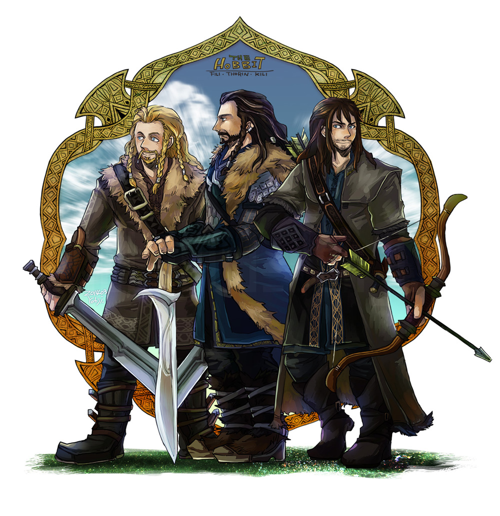 3boys, arrow_(projectile), bangs, beard, belt, black_footwear, black_pants, blonde_hair