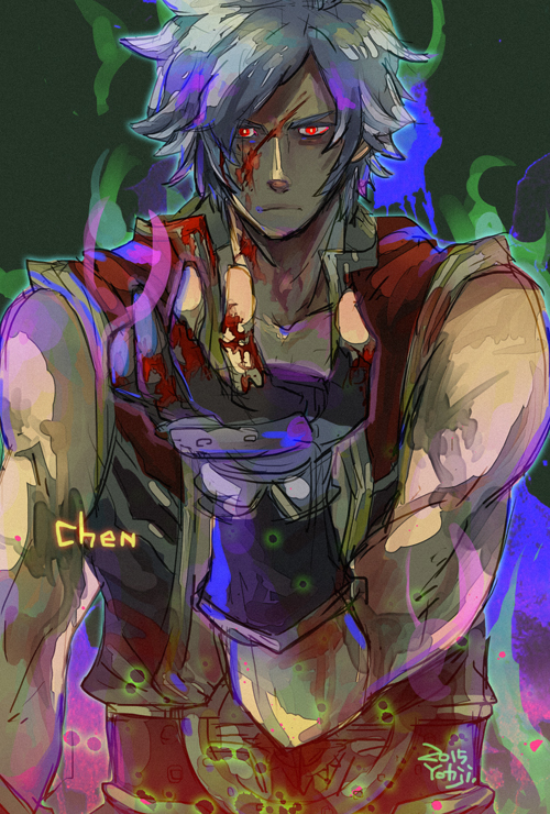1boy, aura, bangs, bio_lab, black_gloves, blood, blood_on_face, bloody_hands