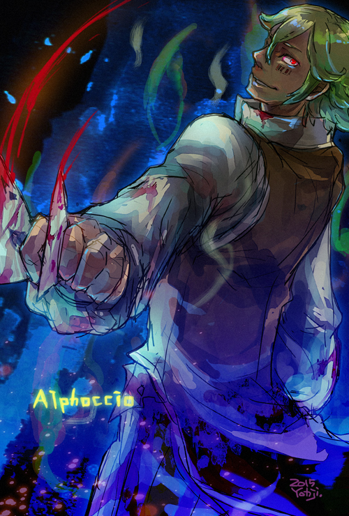 1boy, ace_of_hearts, ace_of_spades, alphoccio_basil, aura, bangs, bio_lab, brown_pants, brown_vest, character_name, commentary_request, cowboy_shot, dated, green_hair, hair_between_eyes, holding, holding_playing_card, looking_at_viewer, looking_back, minstrel_(ragnarok_online), pants, ragnarok_online, red_eyes, reload9_yohji, shirt, short_hair, signature, smile, solo, vest, white_shirt