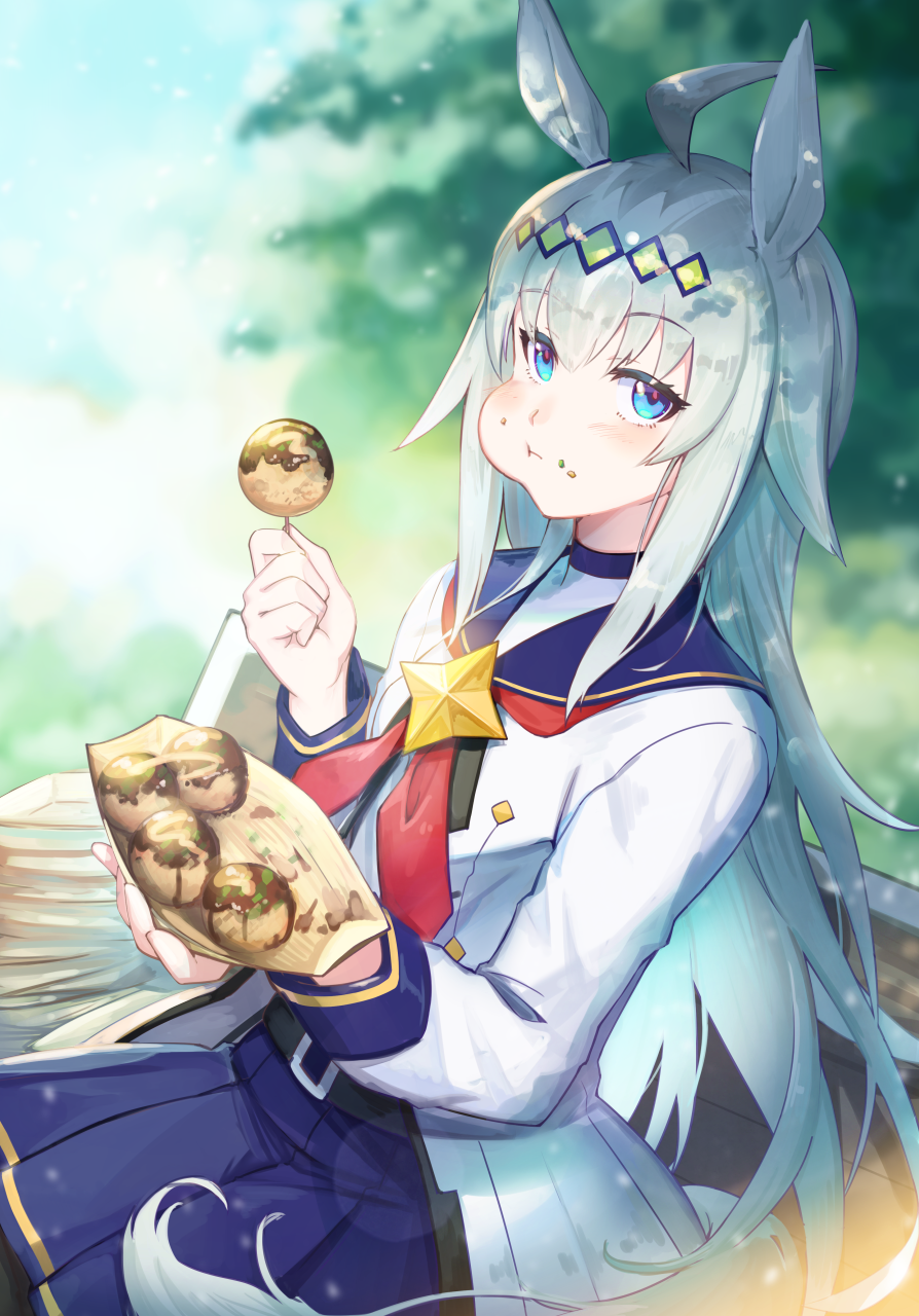 1girl, ahoge, animal_ears, ayamix1020, belt, bench, blue_eyes, eating