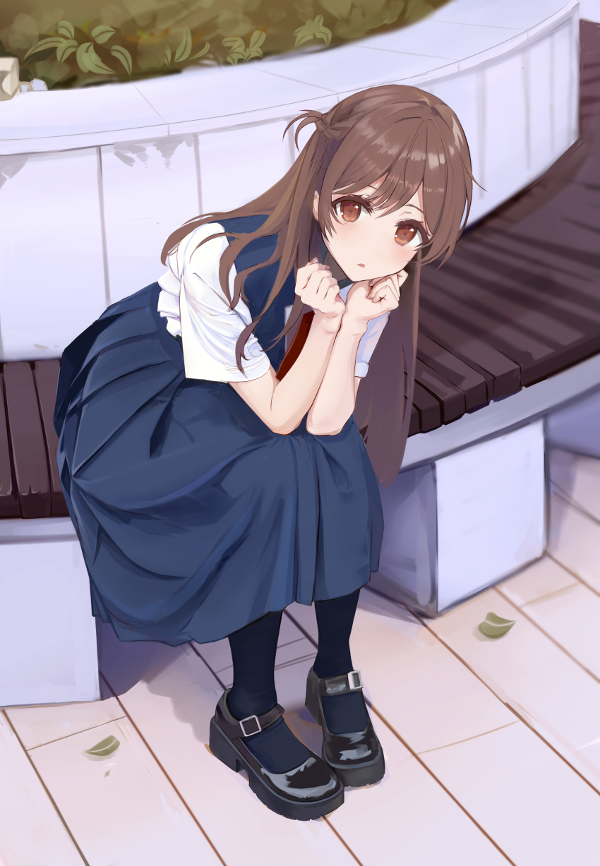 1girl, absurdres, bangs, black_footwear, black_legwear, blush, brown_eyes, brown_hair