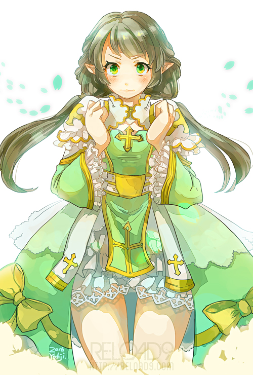1girl, alternate_color, archbishop_(ragnarok_online), arms_up, bangs, bloomers, blush, bow, brown_hair, closed_mouth, commentary_request, cowboy_shot, cross, dated, dress, frilled_dress, frilled_sleeves, frills, green_dress, green_eyes, juliet_sleeves, long_hair, long_sleeves, looking_at_viewer, official_alternate_costume, pointy_ears, puffy_sleeves, ragnarok_online, reload9_yohji, signature, solo, underwear, watermark, web_address, white_background, white_dress, yellow_bow