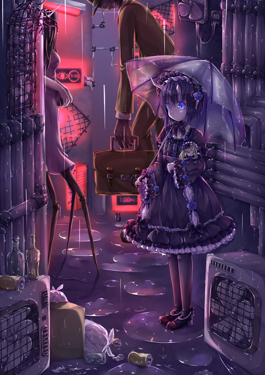 1other, 2girls, alley, black_dress, black_footwear, black_hair, black_legwear, bottle