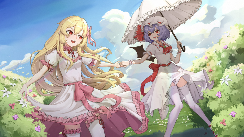 2girls, aoaoaoao_(baiyanheibing), blonde_hair, blue_sky, bush, clouds, commentary_request, day