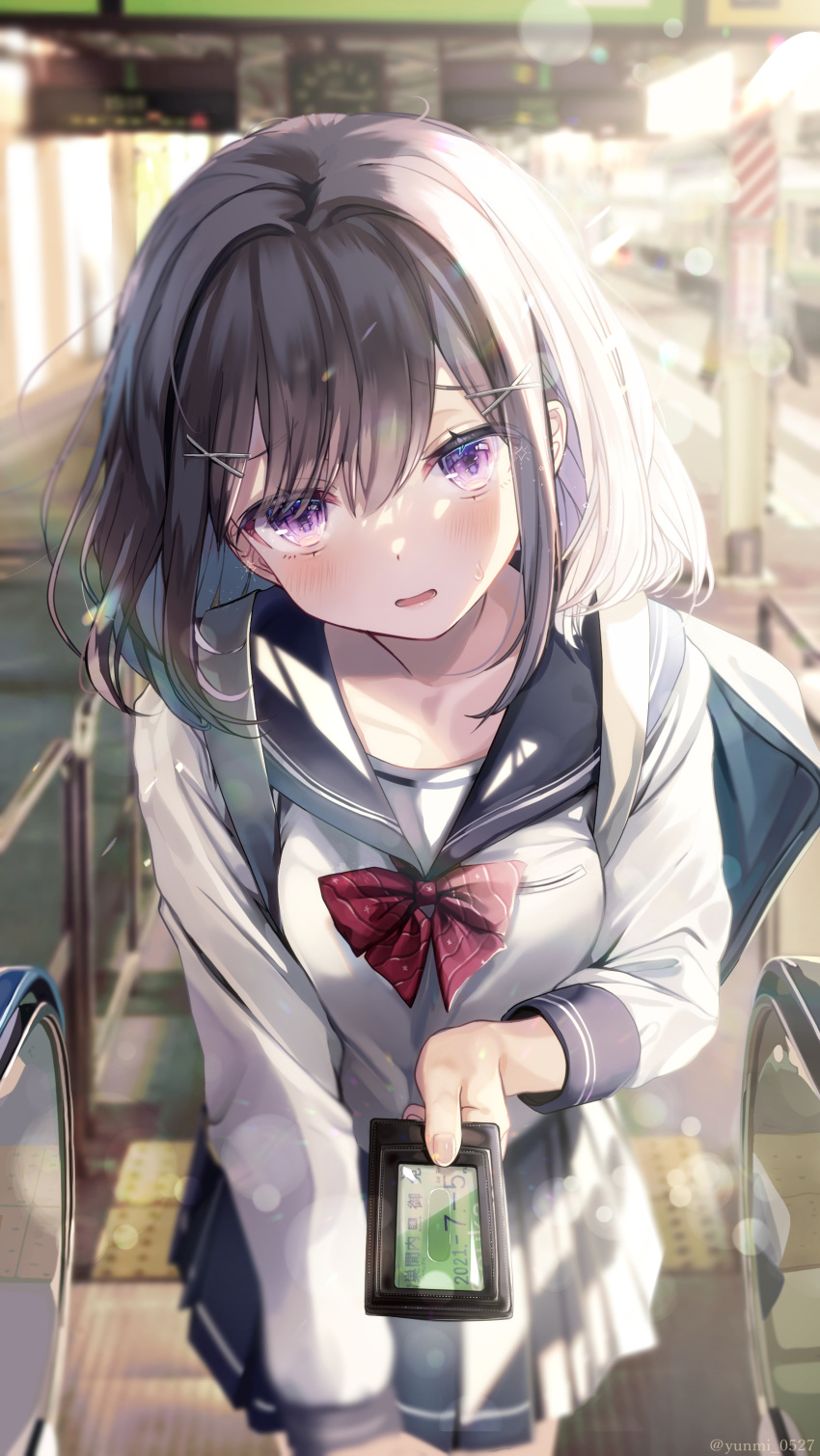 1girl, absurdres, backpack, bag, bangs, black_hair, blue_sailor_collar, blue_skirt