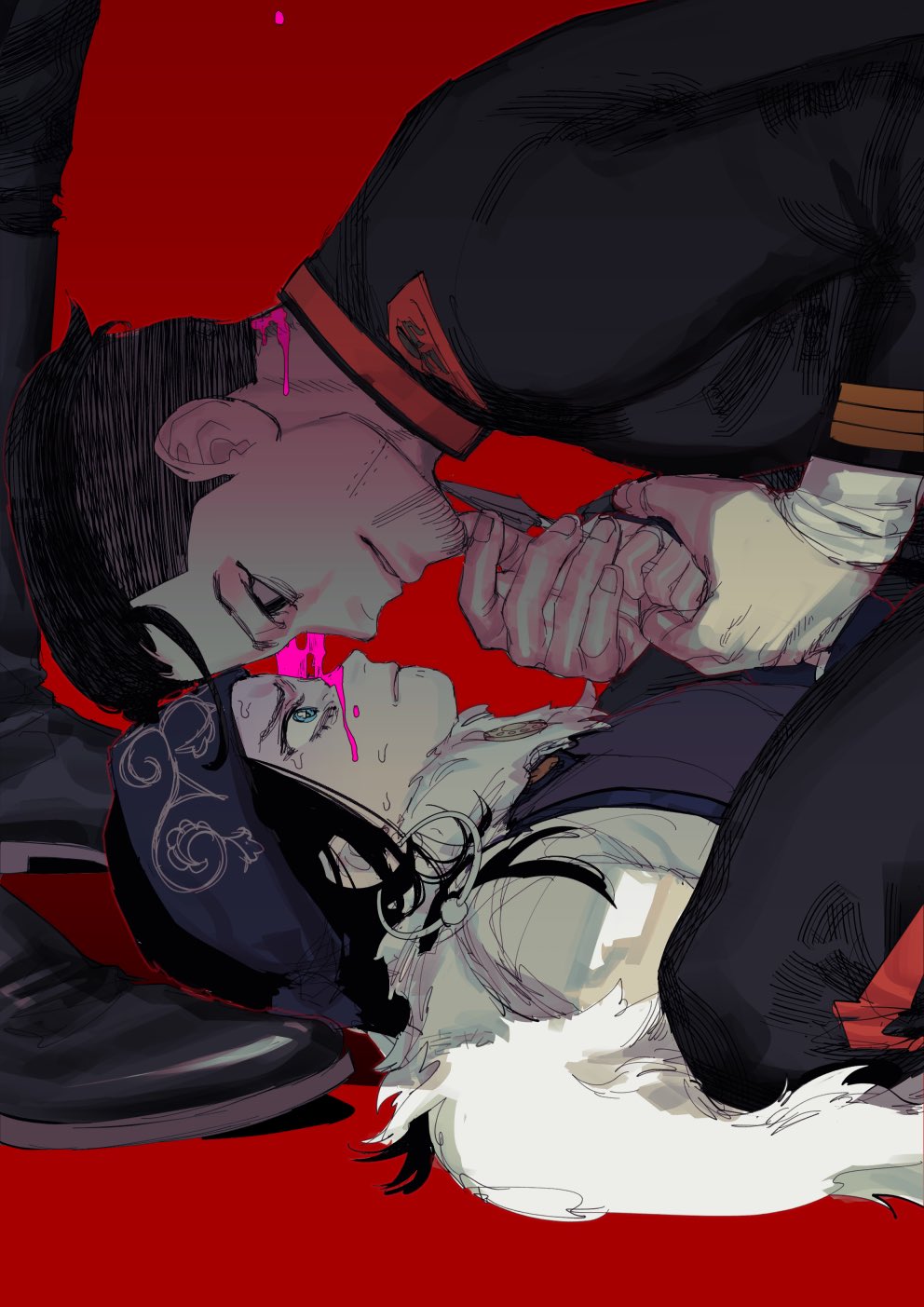 1boy, 1girl, ainu, ainu_clothes, arrow_(projectile), asirpa, bandana, black_hair, blood, blood_on_face, blue_bandana, blue_eyes, earrings, eye_contact, facial_hair, golden_kamuy, hair_slicked_back, highres, hoop_earrings, ichimatsu_(odoro_lol), imperial_japanese_army, injury, jewelry, long_hair, looking_at_another, military, military_uniform, ogata_hyakunosuke, pink_blood, scar, scar_on_cheek, scar_on_face, short_hair, sweat, undercut, uniform