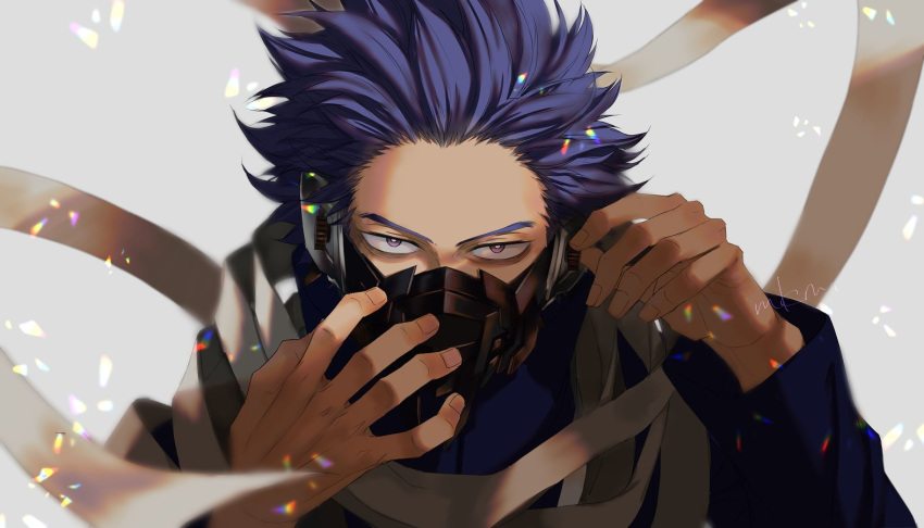 1boy, bangs, blue_eyes, blue_hair, blue_shirt, boku_no_hero_academia, covered_mouth, hands_up