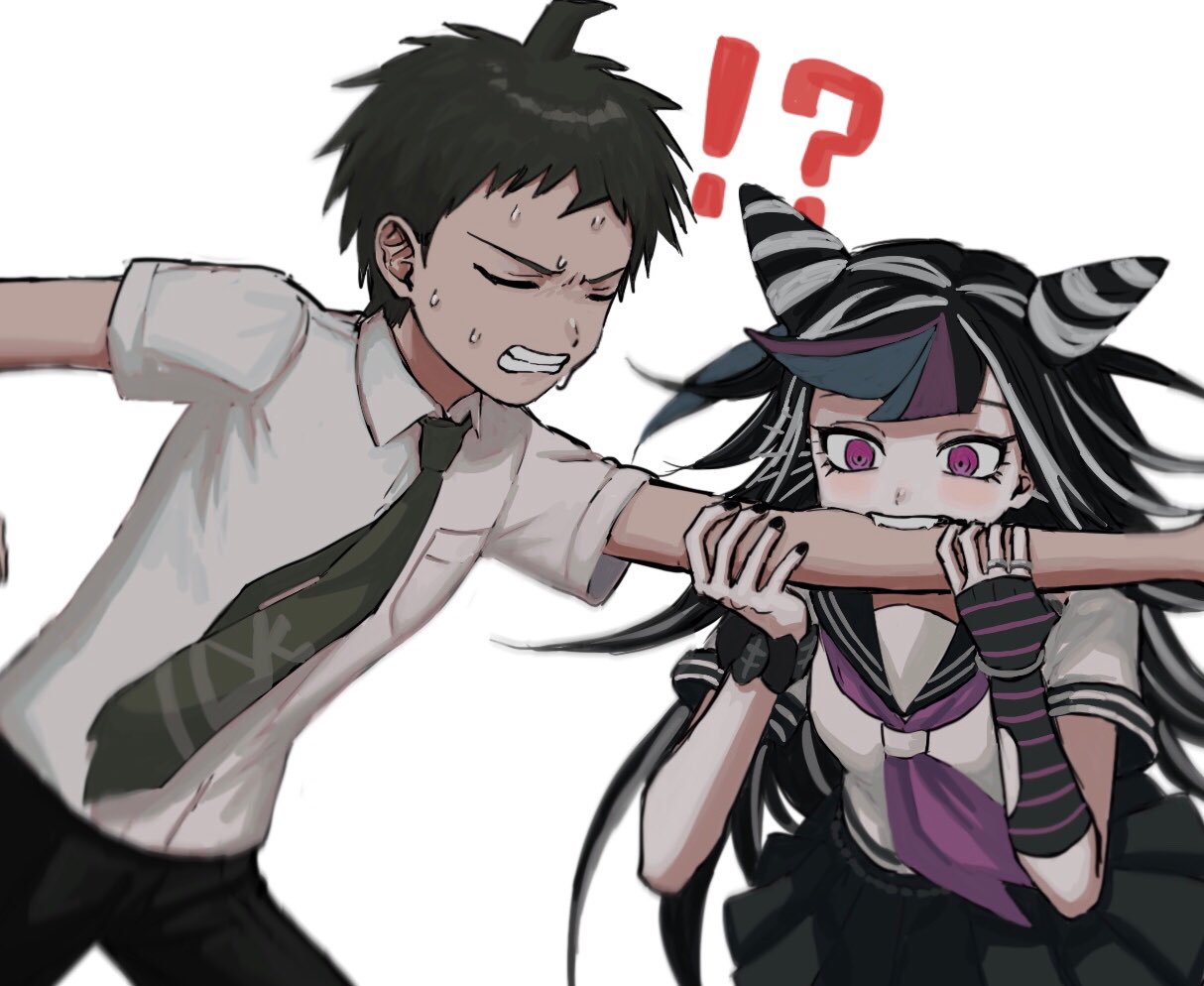 !?, 1boy, 1girl, ahoge, bangs, biting, black_hair, black_nails