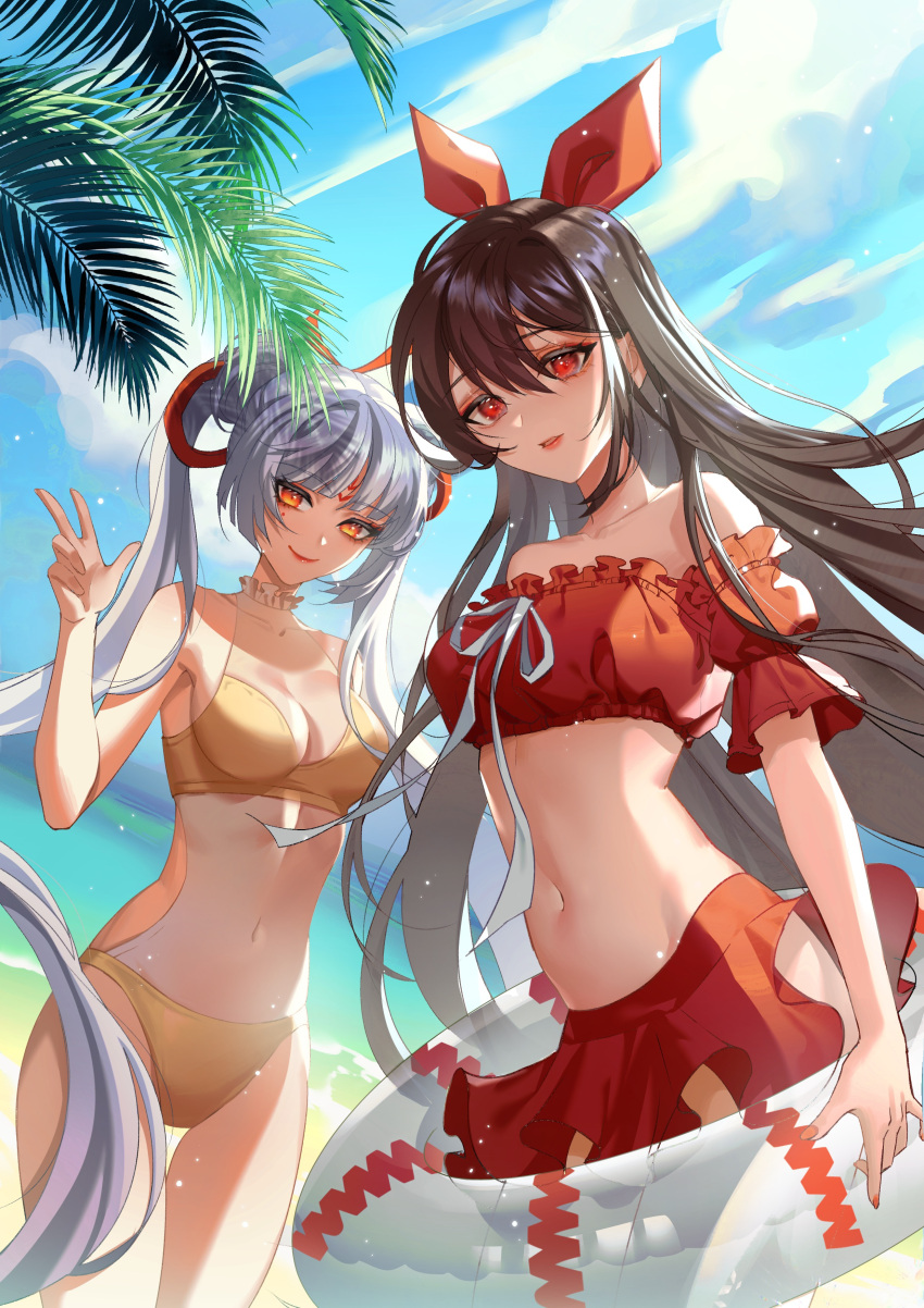 2girls, absurdres, bangs, bare_arms, bare_shoulders, basu_(zhusanan), bikini, bikini_skirt, black_hair, blue_sky, character_request, check_character, check_copyright, chinese_commentary, clouds, commentary_request, copyright_request, cowboy_shot, day, eyebrows_visible_through_hair, facial_mark, forehead_mark, hair_between_eyes, hair_ribbon, hand_up, highres, innertube, long_hair, looking_at_viewer, multiple_girls, navel, off-shoulder_bikini, off_shoulder, onmyoji, orange_eyes, parted_lips, puffy_short_sleeves, puffy_sleeves, red_bikini, red_eyes, red_lips, red_ribbon, ribbon, shiranui_(onmyoji), short_sleeves, silver_hair, sky, smile, standing, stomach, swimsuit, thighs, twintails, very_long_hair, w, white_ribbon, yellow_bikini