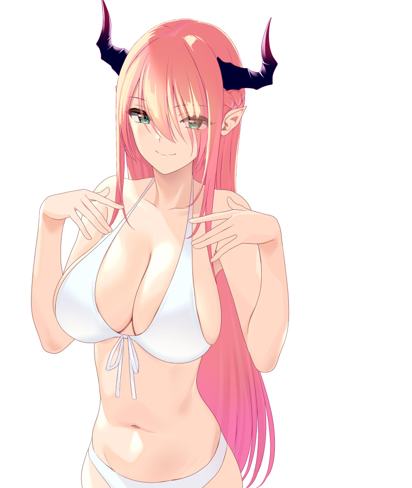 1girl, absurdres, bikini, breasts, demon_girl, green_eyes, highres, horns