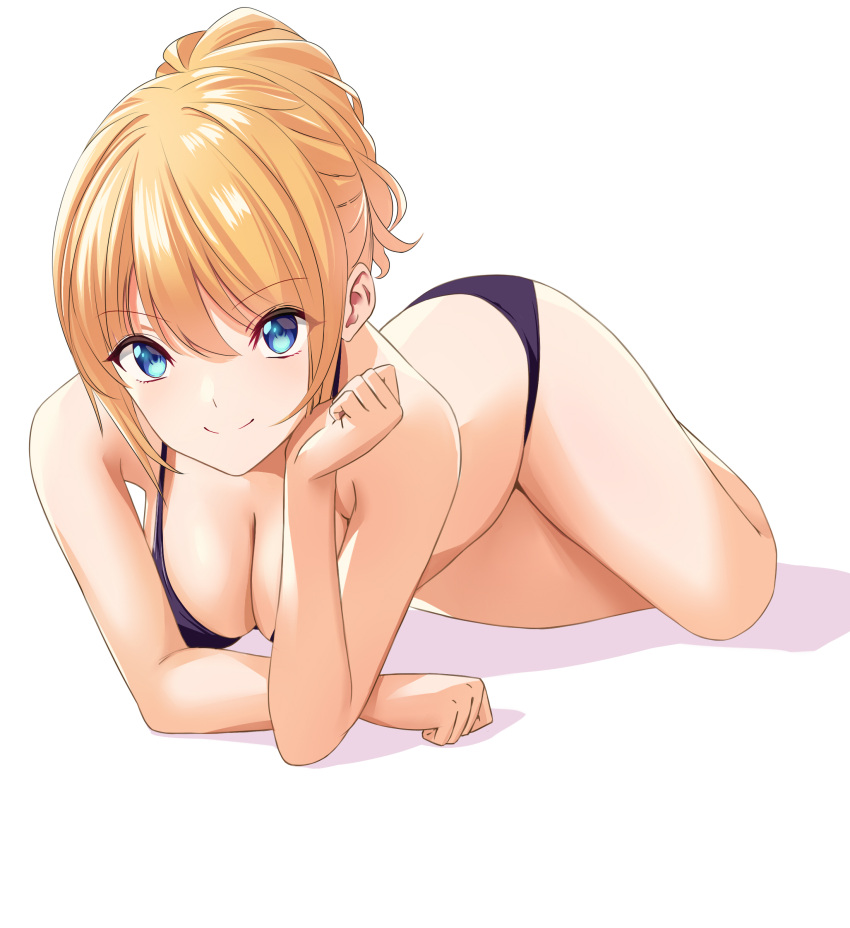 1girl, bikini, black_bikini, blonde_hair, blue_eyes, breasts, highres, looking_at_viewer