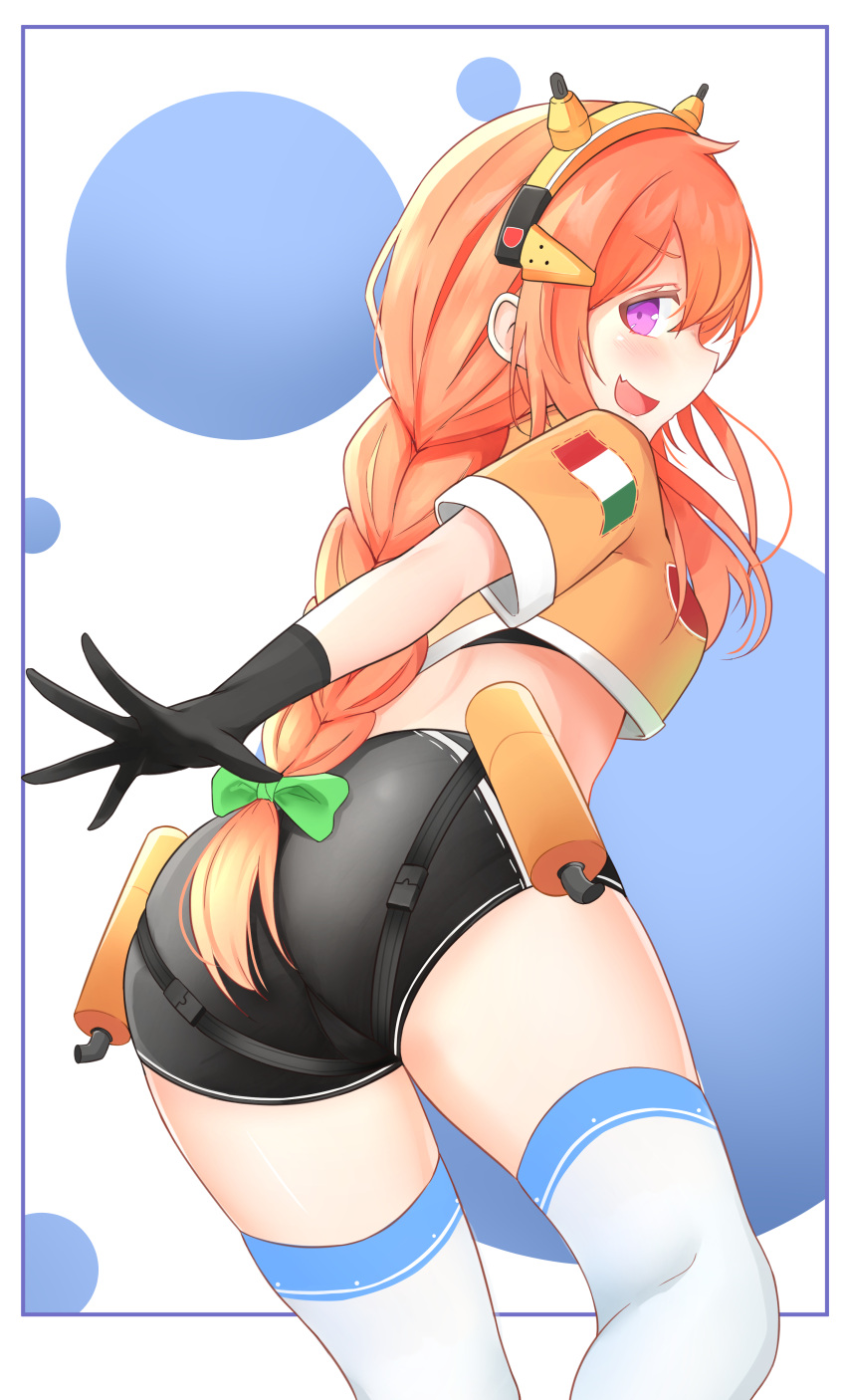 1girl, :d, absurdres, ass, black_gloves, black_shorts, bra, bra_peek, braid, breasts, commentary, crop_top, crop_top_overhang, daebom, fang, from_behind, gloves, hairband, highres, italian_flag, leaning_forward, long_hair, looking_at_viewer, looking_back, midriff, open_mouth, orange_hair, orange_shirt, original, personification, profile, shirt, short_shorts, short_sleeves, shorts, sidelocks, single_braid, small_breasts, smile, solo, thigh-highs, thighs, underwear, very_long_hair, violet_eyes, white_legwear
