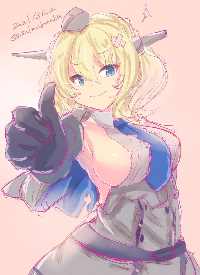 1girl, bandaid, black_gloves, blonde_hair, blue_eyes, blue_neckwear, breasts, capelet