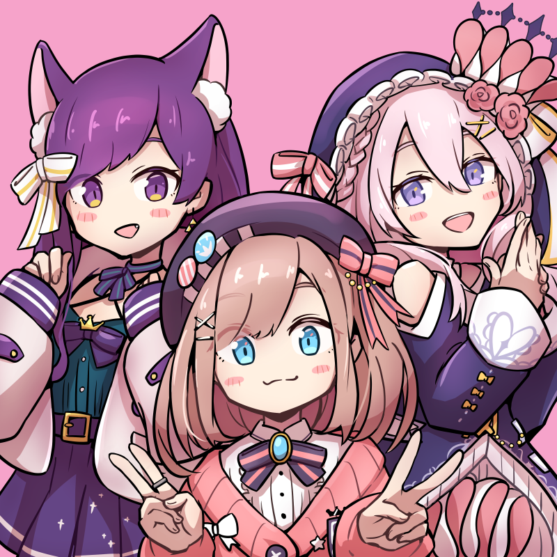3girls, :3, animal_ear_fluff, animal_ears, bangs, beret, blue_cardigan, blue_eyes, blush, bow, bow_choker, brooch, brown_hair, cardigan, commentary_request, double_v, earrings, extra_ears, eyebrows_visible_through_hair, fang, fensi, flower, frilled_hood, hair_bow, hair_ornament, hat, hood, hood_up, jacket, jewelry, kamishiro_kurea, long_hair, long_sleeves, multiple_girls, nijisanji, open_mouth, pink_cardigan, pink_hair, pongari, purple_hair, ring, sephira_su, shirt, simple_background, star_(symbol), striped, striped_neckwear, suzuhara_lulu, swept_bangs, triangle_earrings, v, violet_eyes, virtual_youtuber, white_shirt, x_hair_ornament