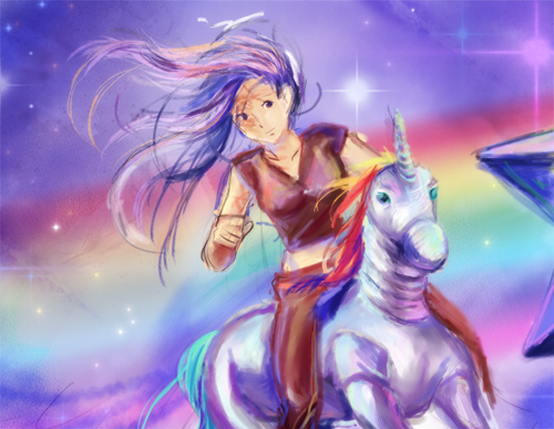 katawa_shoujo, long_hair, lowres, rainbow, robot_unicorn_attack, scar, star, unicorn