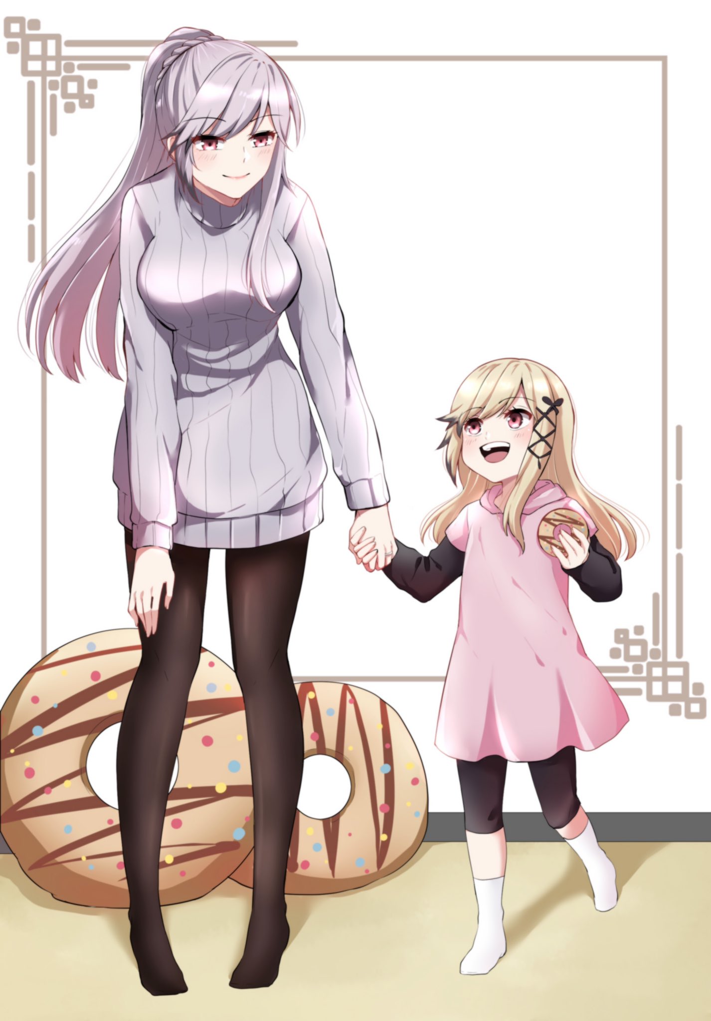 2girls, alternate_costume, azur_lane, black_legwear, blonde_hair, braid, commander_cool, crown_braid