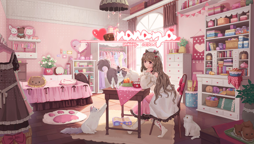 1girl, animal, animal_ear_fluff, animal_ears, bare_shoulders, basket, bed, beret