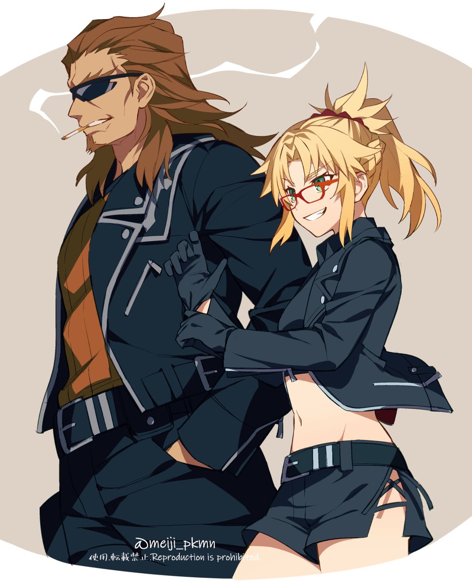 1boy, 1girl, artist_name, bangs, belt, black_belt, black_gloves, black_jacket