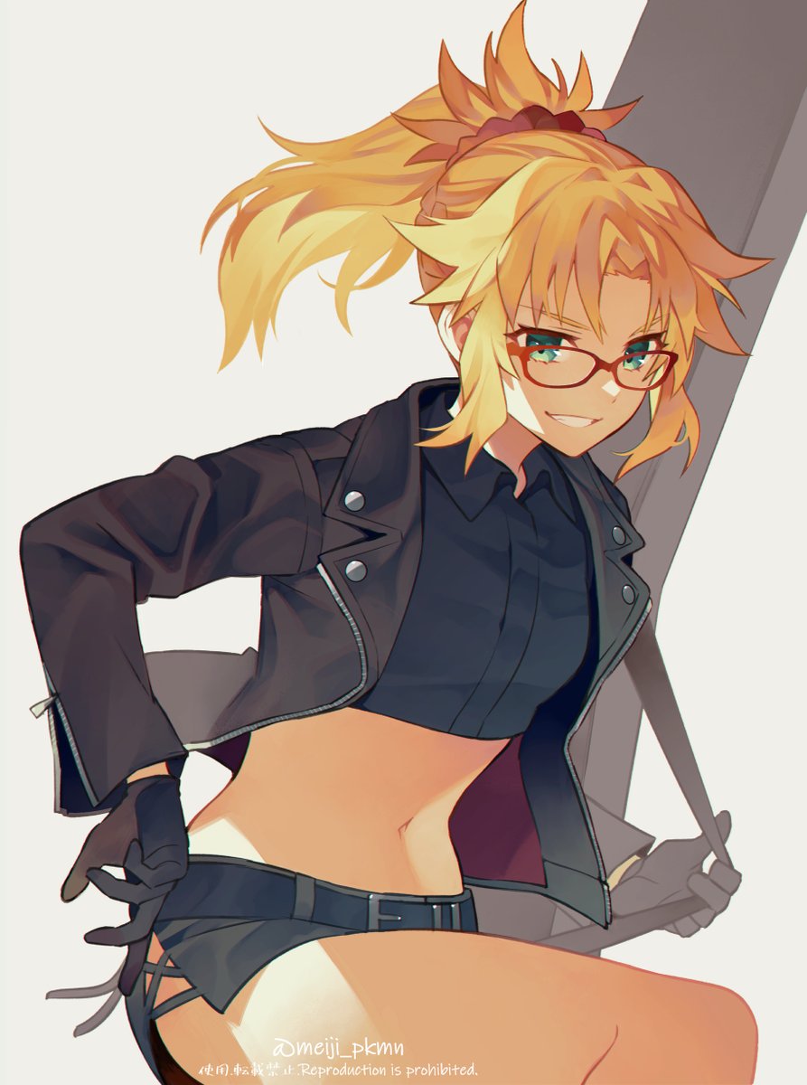 1girl, artist_name, bangs, belt, black_belt, black_gloves, black_jacket, blonde_hair