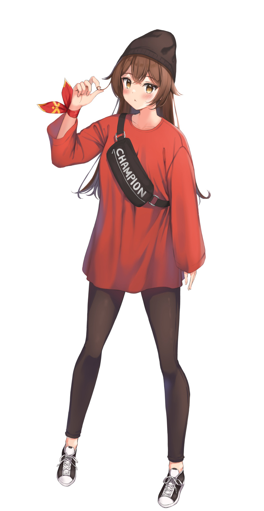 1girl, :<, absurdres, alternate_costume, amber_(genshin_impact), bag, beanie, black_footwear