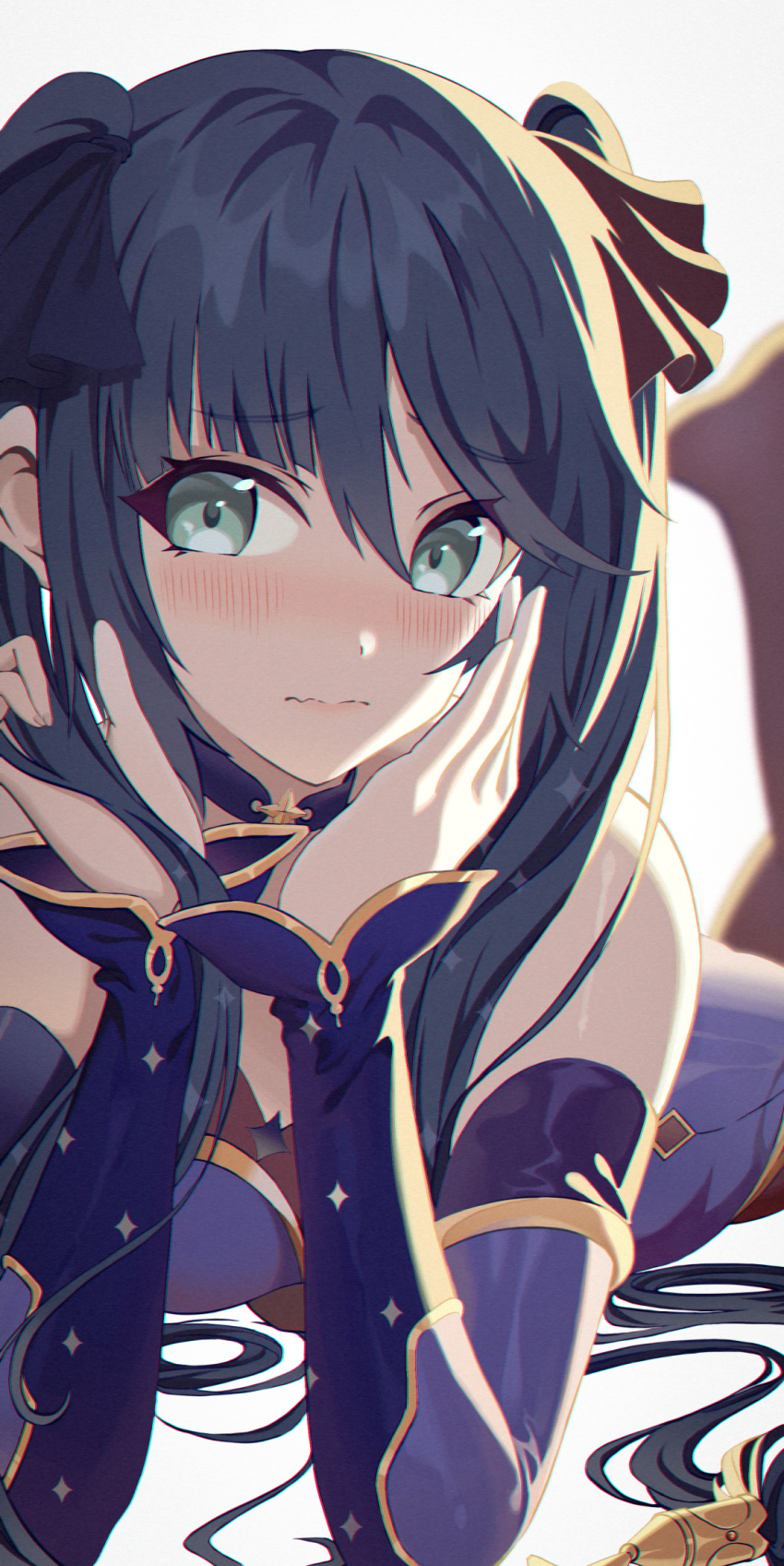 1girl, aqua_eyes, bangs, bare_shoulders, black_hair, black_ribbon, blush, brown_legwear
