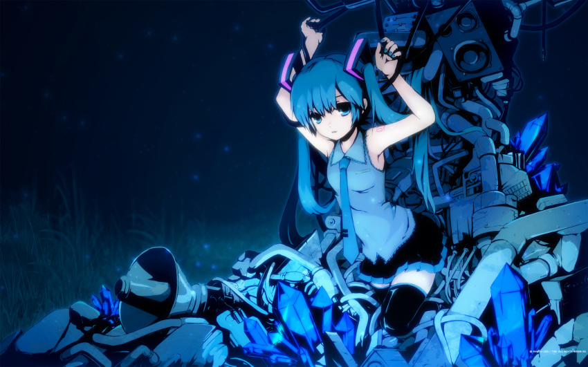 aqua_eyes, aqua_hair, arms_up, black_legwear, blue_eyes, blue_hair, boots, crystal
